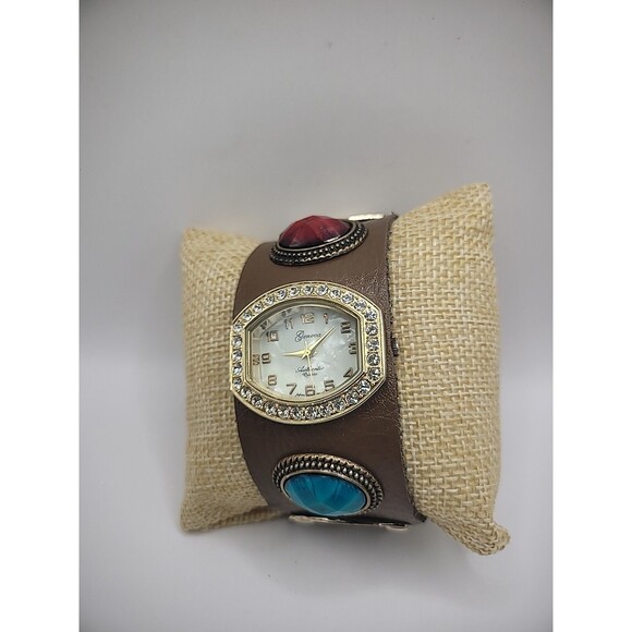 Vintage Geneva Wristwatch Watch Band Wrap Brown Beaded Crystals New Battery main image 13